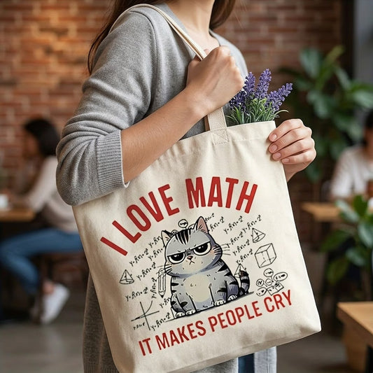 I Love Math Cute Cat Canvas Tote Bag | Reusable Shoulder Bag for Everyday & Travel