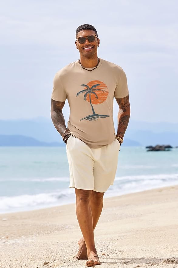 Runcati Mens Short Sleeve T-Shirts Graphic Crew Neck Casual Shirt Summer Beach Palm Tree Printed Vintage Hawaiian Tees