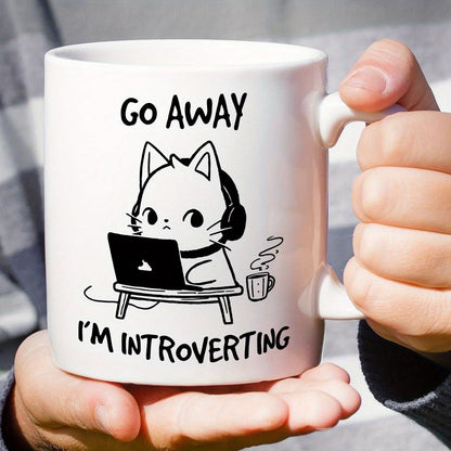 Go Away I'm Introverting Funny Ceramic Coffee Mug | 11oz Cat & Laptop Print