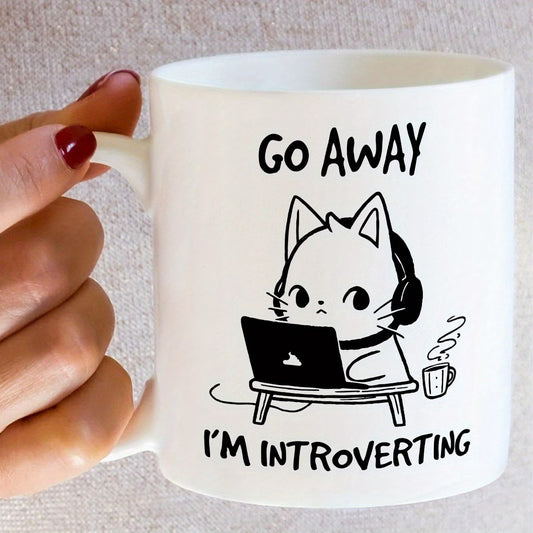 Go Away I'm Introverting Funny Ceramic Coffee Mug | 11oz Cat & Laptop Print