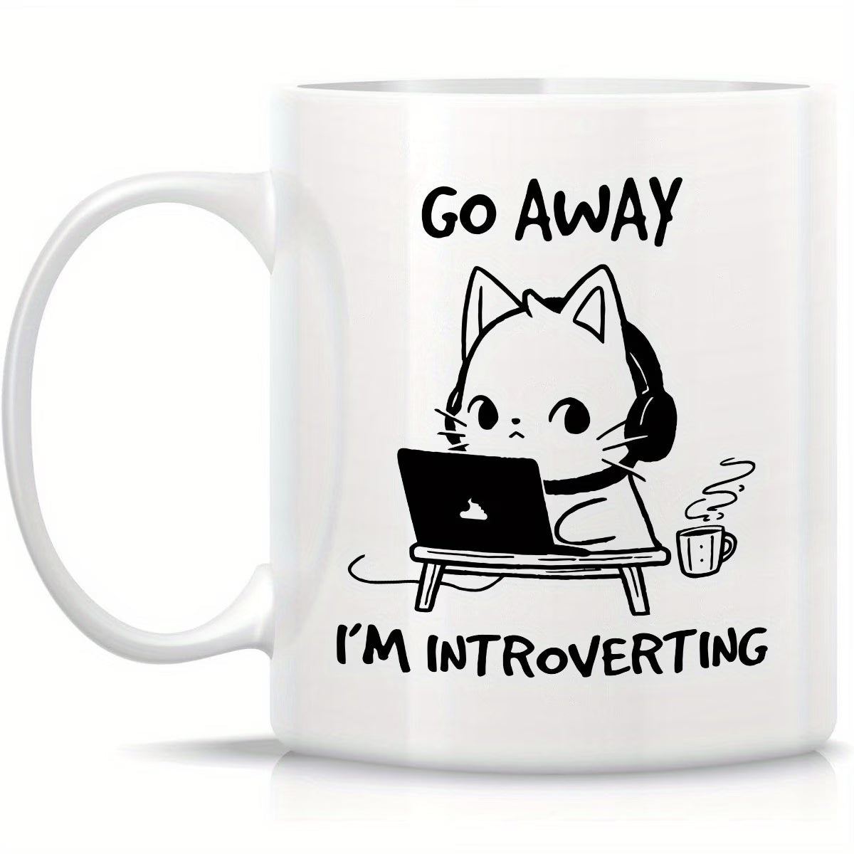 Go Away I'm Introverting Funny Ceramic Coffee Mug | 11oz Cat & Laptop Print