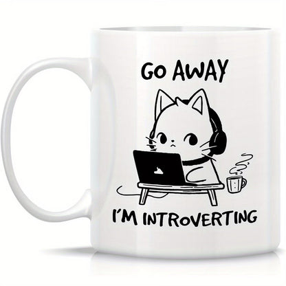 Go Away I'm Introverting Funny Ceramic Coffee Mug | 11oz Cat & Laptop Print