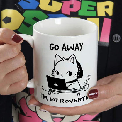 Go Away I'm Introverting Funny Ceramic Coffee Mug | 11oz Cat & Laptop Print