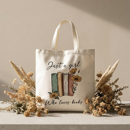 Book Lover Print Canvas Tote Bag | "Just a Girl Who Loves Books"