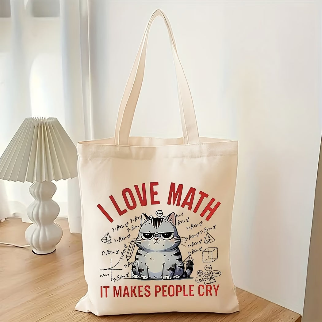 I Love Math Cute Cat Canvas Tote Bag | Reusable Shoulder Bag for Everyday & Travel