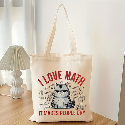 I Love Math Cute Cat Canvas Tote Bag | Reusable Shoulder Bag for Everyday & Travel