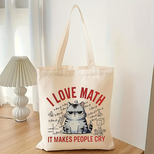 I Love Math Cute Cat Canvas Tote Bag | Reusable Shoulder Bag for Everyday & Travel