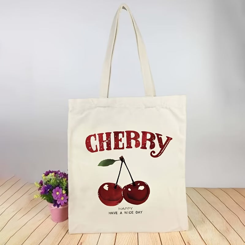 Cherry Print Canvas Tote Bag | Reusable Shopping Handbag