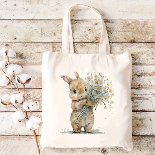 Cute Rabbit Print Canvas Tote Bag | Reusable Shopping Handbag