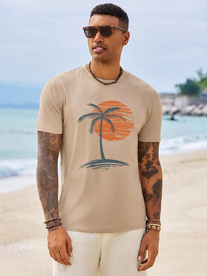 Runcati Mens Short Sleeve T-Shirts Graphic Crew Neck Casual Shirt Summer Beach Palm Tree Printed Vintage Hawaiian Tees