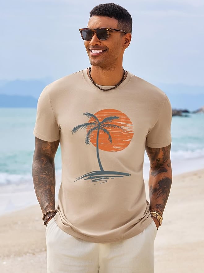 Runcati Mens Short Sleeve T-Shirts Graphic Crew Neck Casual Shirt Summer Beach Palm Tree Printed Vintage Hawaiian Tees