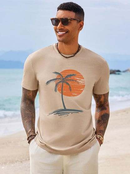 Runcati Mens Short Sleeve T-Shirts Graphic Crew Neck Casual Shirt Summer Beach Palm Tree Printed Vintage Hawaiian Tees