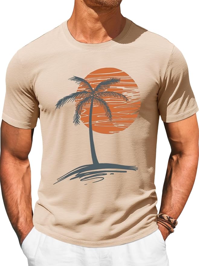 Runcati Mens Short Sleeve T-Shirts Graphic Crew Neck Casual Shirt Summer Beach Palm Tree Printed Vintage Hawaiian Tees