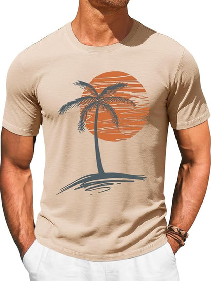 Runcati Mens Short Sleeve T-Shirts Graphic Crew Neck Casual Shirt Summer Beach Palm Tree Printed Vintage Hawaiian Tees