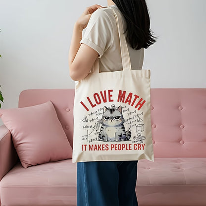I Love Math Cute Cat Canvas Tote Bag | Reusable Shoulder Bag for Everyday & Travel