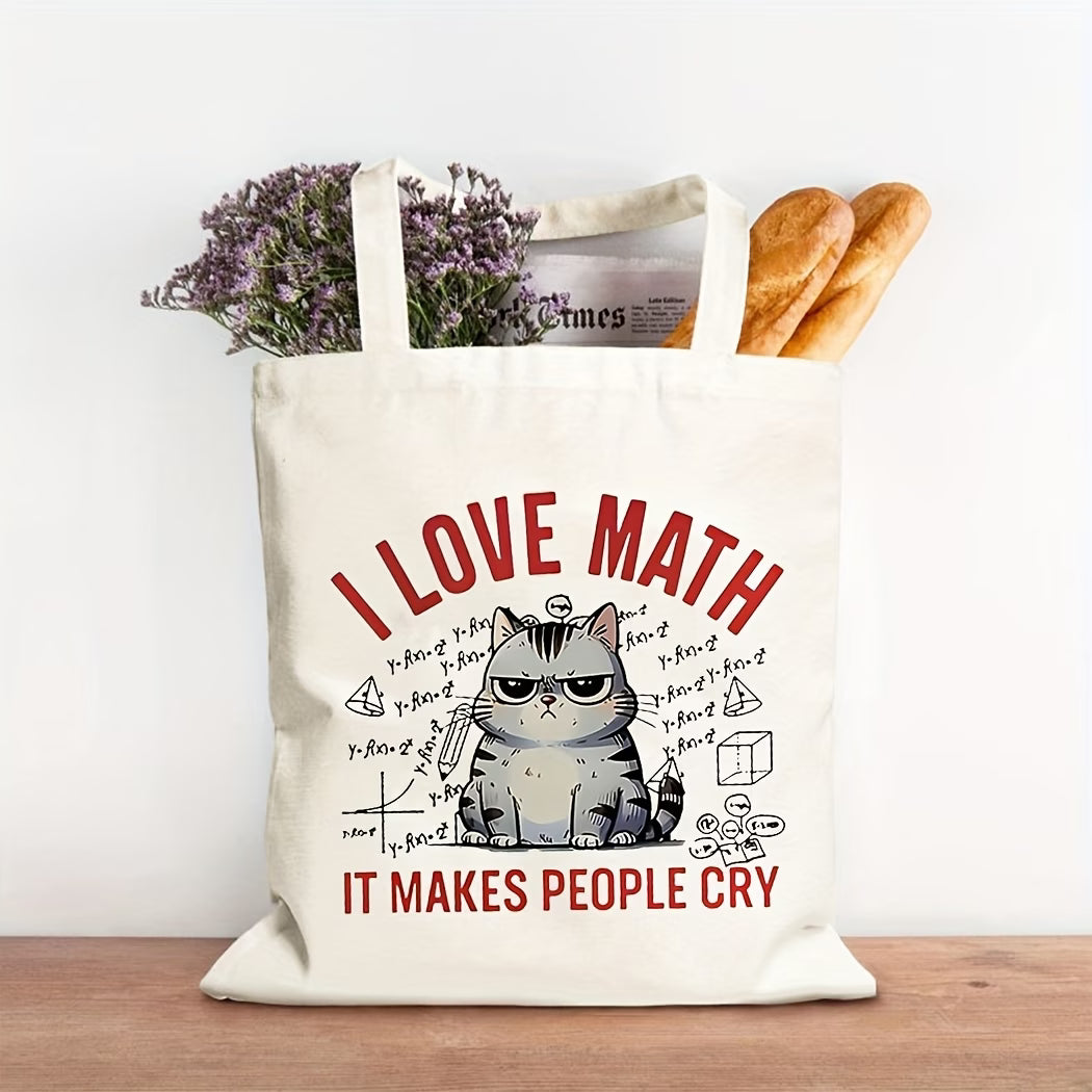 I Love Math Cute Cat Canvas Tote Bag | Reusable Shoulder Bag for Everyday & Travel