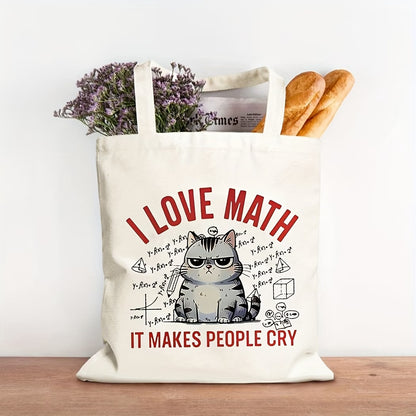 I Love Math Cute Cat Canvas Tote Bag | Reusable Shoulder Bag for Everyday & Travel