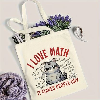 I Love Math Cute Cat Canvas Tote Bag | Reusable Shoulder Bag for Everyday & Travel