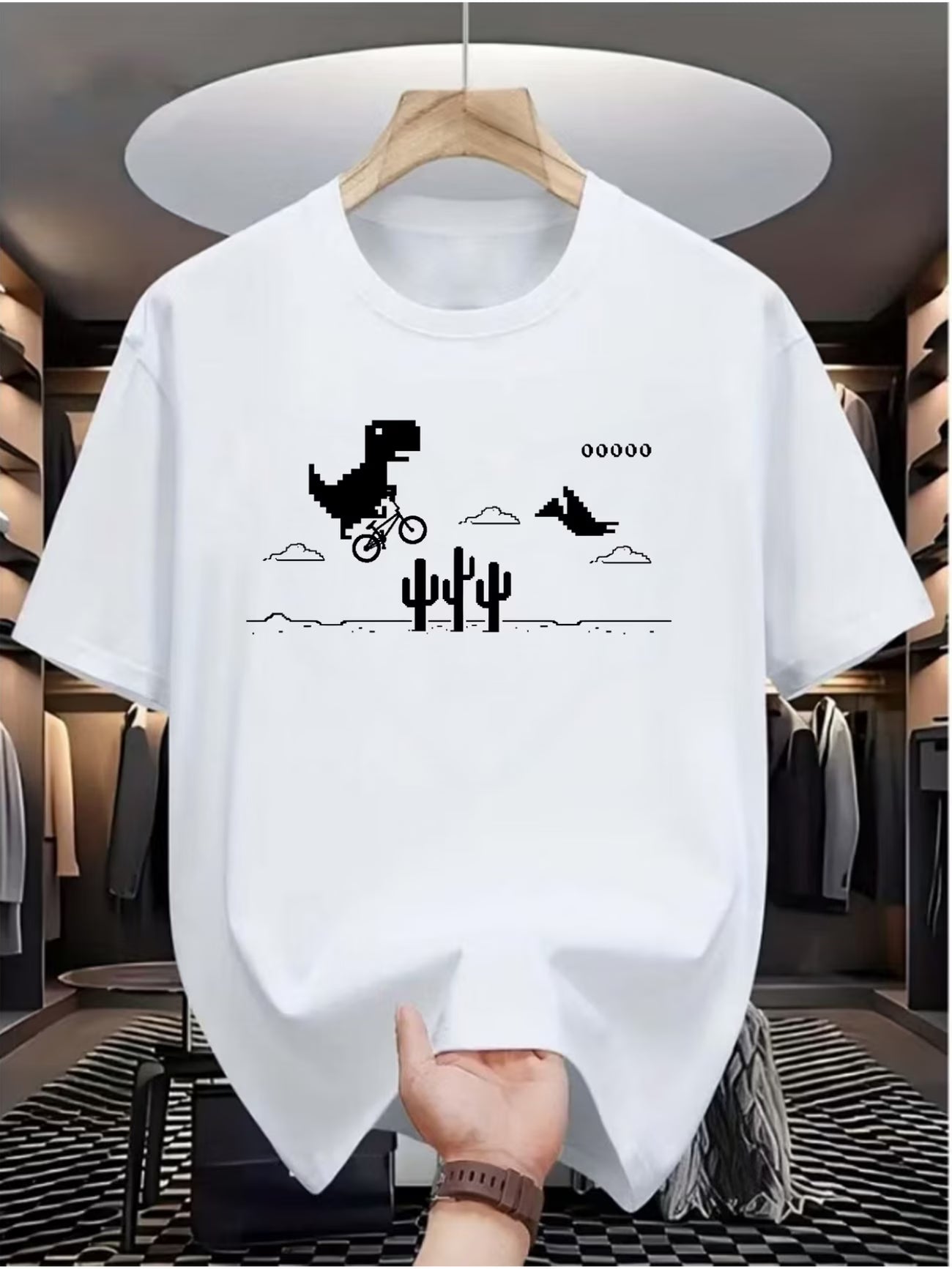 Summer T-Shirt for Men Casual Short Sleeve Round Neck Top | Dino Game & Cactus Desert Print