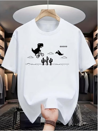 Summer T-Shirt for Men Casual Short Sleeve Round Neck Top | Dino Game & Cactus Desert Print